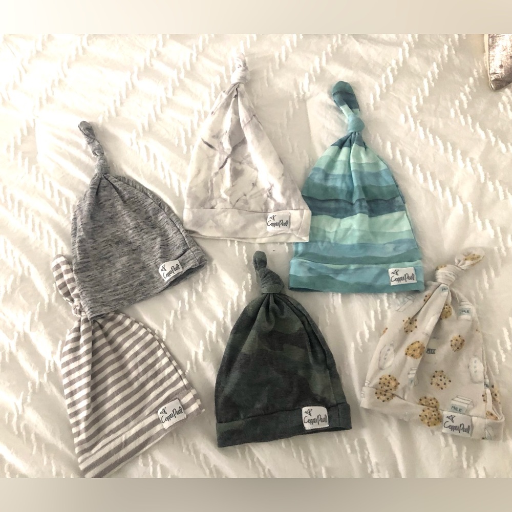 Lot of 6 infant Copper Pearl Adjustable top knot hats